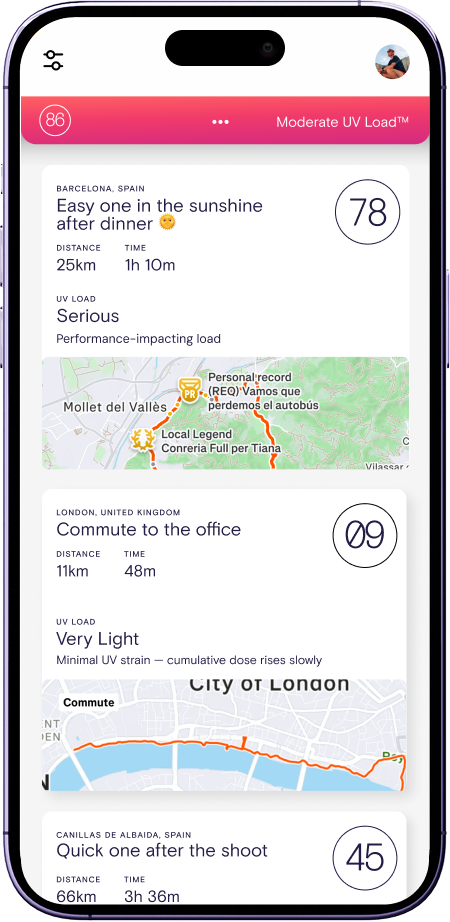 Pelotan UV Load app home feed showing today's UV Load score of 42, classified as Moderate, with a list of recent activities.