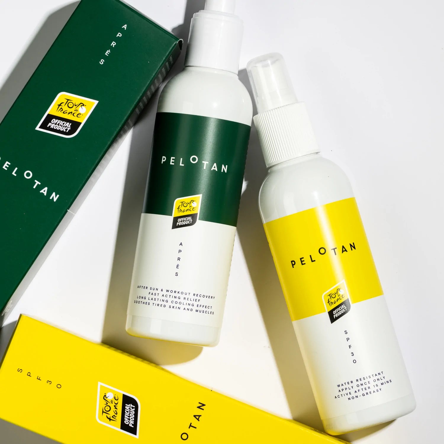 Photo of the Pelotan Protect & Recover bundle - featuring a 200ml spray format of Pelotan and Apres recovery balm, the best sports sunscreen