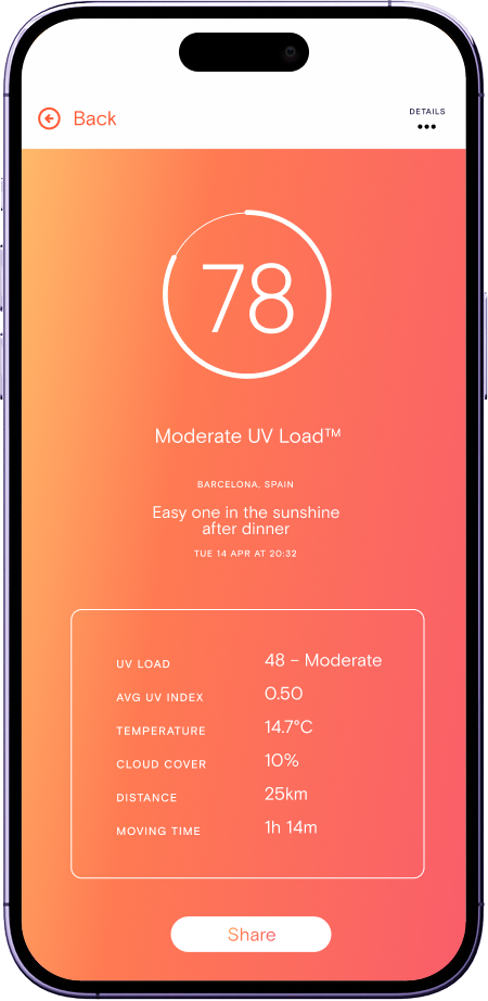 Écran de détail de l'activité de l'application Pelotan UV Load affichant un score de charge UV de 74, classé dans la catégorie Élevée, pour une sortie à Barcelone.