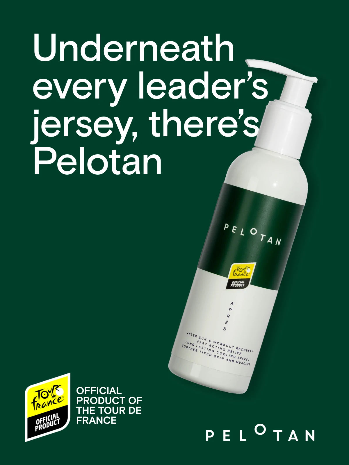 A green background banner showing the Tour de France collaboration with Pelotan - the world’s best sports sunscreen.