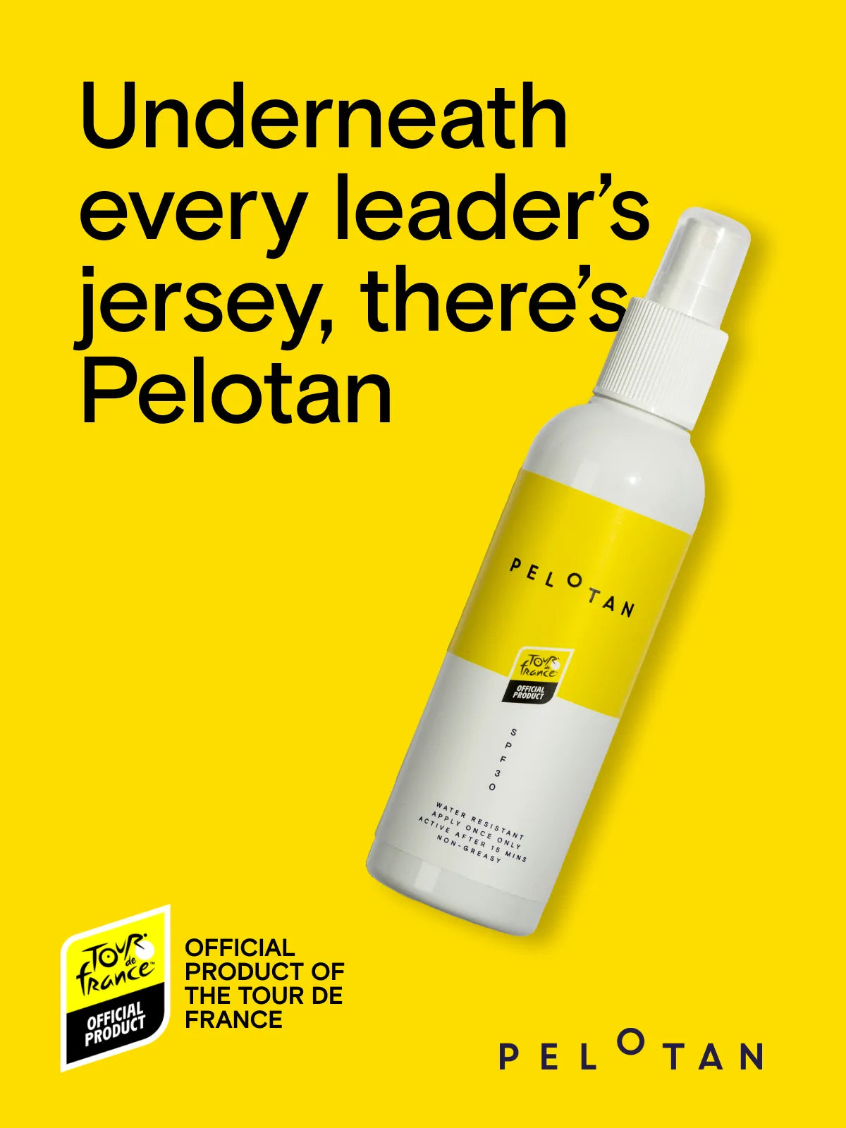 A yellow background banner showing the Tour de France collaboration with Pelotan - the world’s best sports sunscreen.